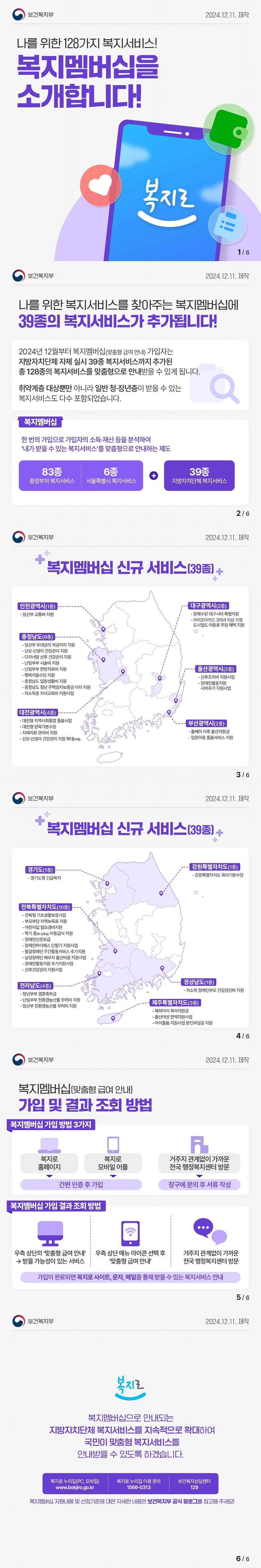 나를 위한 128가지 복지서비스! 복지멤버십을 소개합니다! (보건복지부) 나를 위한 복지서비스를 찾아주는 복지멤버십에 39종의 복지서비스가 추가됩니다. 2024년 12월부터 복지멤버십(맞춤형 급여 안내) 가입자는 지방자치단체 자체 실시 39종 복지서비스까지 추가된 총 128종의 복지서비스를 맞춤형으로 안내받을 수 있게 됩니다. 취약계층 대상뿐만 아니라 일반 청·장년층이 받을 수 있는 복지서비스도 다수 포함되었습니다. ■ 복지멤버십 한 번의 가입으로 가입자의 소득·재산 등을 분석하여 ‘내가 받을 수 있는 복지서비스’를 맞춤형으로 안내하는 제도 83종(중앙부처 복지서비스)+6종(서울특별시 복지서비스)+39종(지방자치단체 복지서비스) 복지멤버십 신규 서비스(39종) 인천광역시(1종) 임산부 교통비 지원 대구광역시(2종) 장애수당 대구시비 특별지원아이조아카드 3자녀 이상 가정 도시철도 이용료 무임 혜택 지원 충청남도(9종) 임산부 우대금리 적금이자 지원 산모신생아 건강관리 지원 다자녀맘 산후 건강관리 지원난임부부 시술비 지원 난임부부 한방치료비 지원 행복키움수당 지원 충청남도 입원생활비 지원 충청남도 청년 주택임차보증금 이자 지원 저소득층 자녀교육비 지원사업 울산광역시(2종) 산후조리비 지원사업 장애인활동지원 시비추가 지원사업 대전광역시(4종) 대전형 지역사회통합 돌봄사업 대전형 양육기본수당 치매치료 관리비 지원산모 신생아 건강관리 지원 확대(자체) 부산광역시(2종) 둘째아 이후 출산지원금 입원아동 돌봄서비스 지원 경기도(1종) 경기도형 긴급복지 강원특별자치도(1종) 강원특별자치도 육아기본수당 전북특별자치도(10종) 전북형 기초생활보장사업 부모부담 차액보육료 지원 어린이집 필요경비지원 학기 중(토 공휴일) 아동급식 지원 장애인신문보급 장애인하이패스 단말기 지원사업 발달장애인 주간활동서비스 추가지원 남성장애인 배우자 출산비용 지원사업 장애인활동지원 추가지원사업 산후건강관리 지원사업전라남도(4종) 청년부부 결혼축하금 난임부부 친환경농산물 꾸러미 지원 임산부 친환경농산물 꾸러미 지원 경상남도(1종) 저소득 장애인부모 건강검진비 지원 제주특별자치도(3종) 해피아이 육아지원금 출산여성 한약지원사업 아이돌봄 지원사업 본인부담금 지원 ■ 복지멤버십(맞춤형 급여 안내) 가입 및 결과 조회 방법 복지멤버십 가입 방법 3가지 ① 복지로 홈페이지 ② 복지로 모바일 어플 간편 인증 후 가입 ③ 거주지 관계없이 가까운 전국 행정복지센터 방문 창구에 문의 후 서류 작성 ■ 복지멤버십 가입 결과 조회 방법 · 우측 상단의 ‘맞춤형 급여 안내’ → 받을 가능성이 있는 서비스 · 우측 상단 메뉴 아이콘 선택 후 ‘맞춤형 급여 안내’ · 거주지 관계없이 가까운 전국 행정복지센터 방문 가입이 완료되면 복지로 사이트 문자, 메일을 통해 받을 수 있는 복지서비스 안내 복지로 복지멤버십으로 안내되는 지방자치단체 복지서비스를 지속적으로 확대하여 국민이 맞춤형 복지서비스를 안내받을 수 있도록 하겠습니다. 복지로 누리집(pc, 모바일) www.bokjiro.go.kr 복지로 누리집 이용 문의 1566-0313 보건복지상담센터 129 복지멤버십 지원내용 및 선정기준에 대한 자세한 내용은 보건복지부 공식 블로그를 참고해 주세요! 